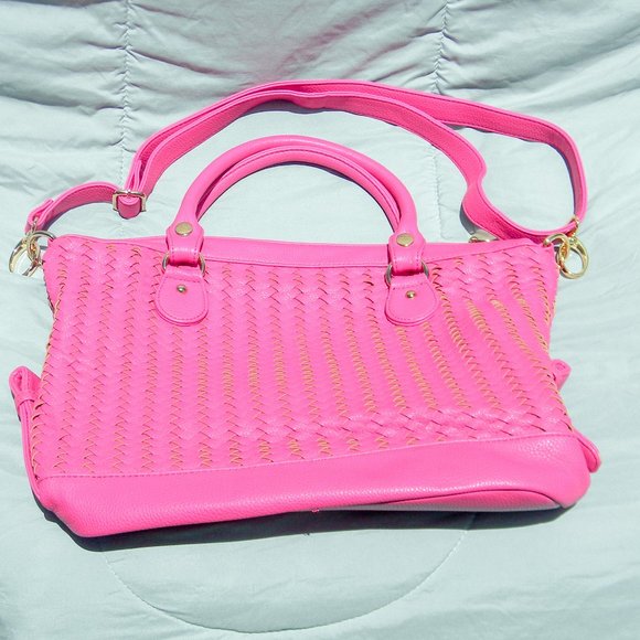 Deux Lux Handbags - Deux Lux Handbag Hot Pink Vegan Leather Weave Large Purse